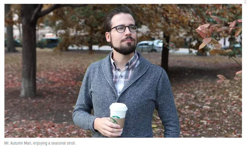 Illustration for article titled The Onion-Mr. Autumn Man Walking Down Street With Cup Of Coffee, Wearing Sweater Over Plaid Collared Shirt